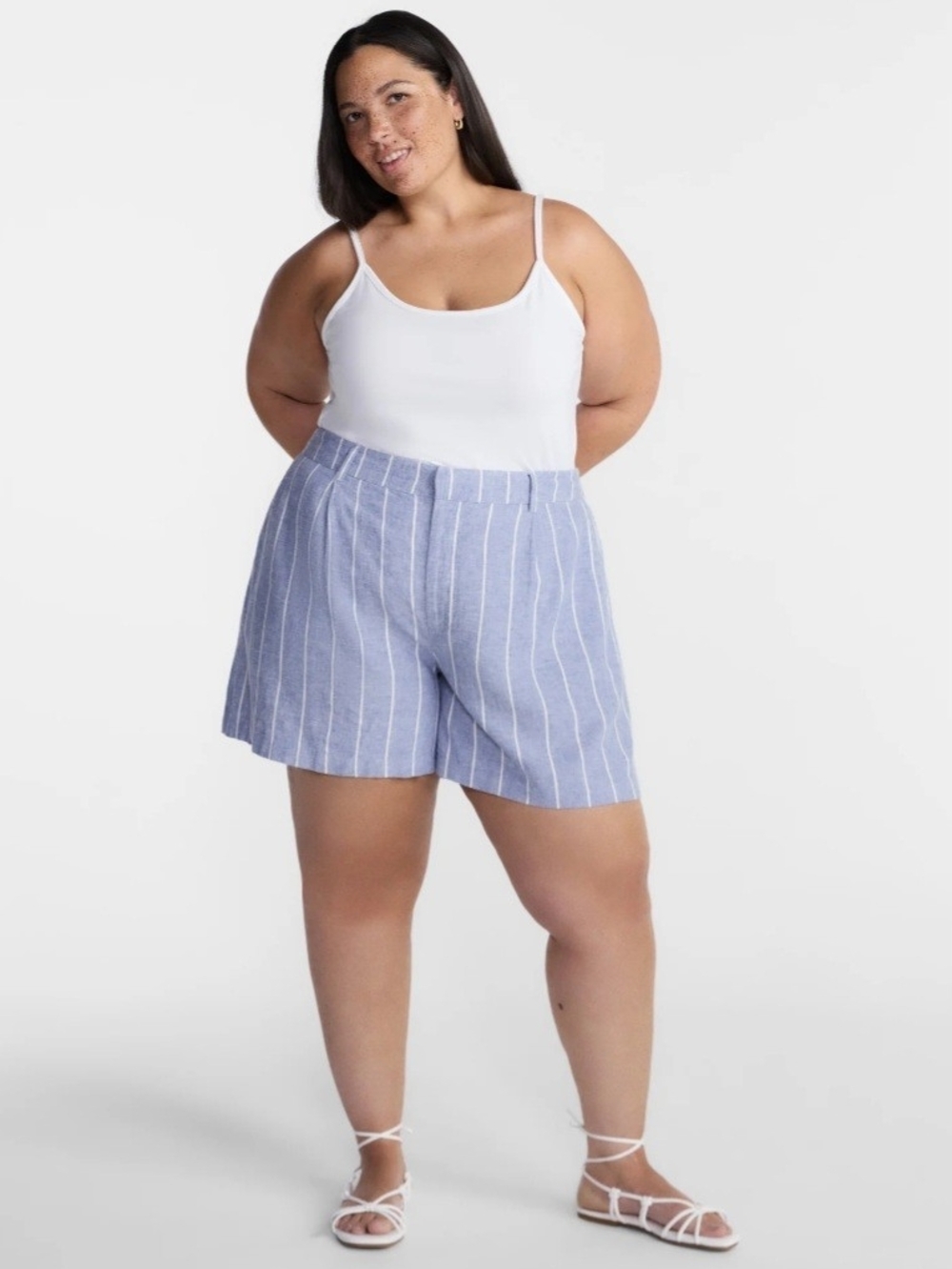 Terra & Sky Women's Blue and White Striped Linen Blend High-Waist Shorts Size 2X